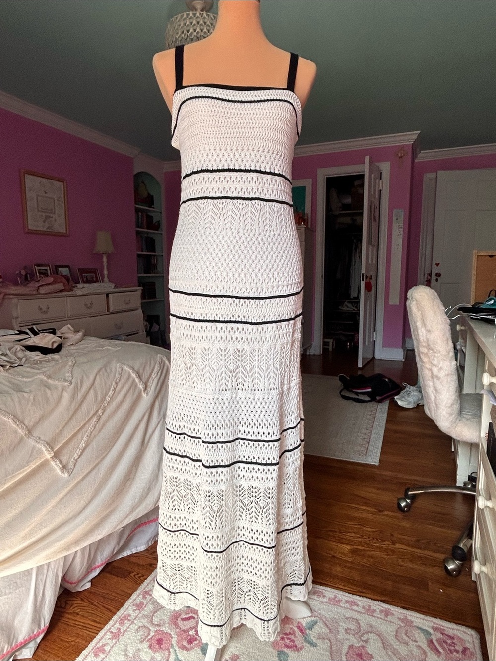Abercrombie & Fitch White Crochet Maxi Dress with Black Stripes